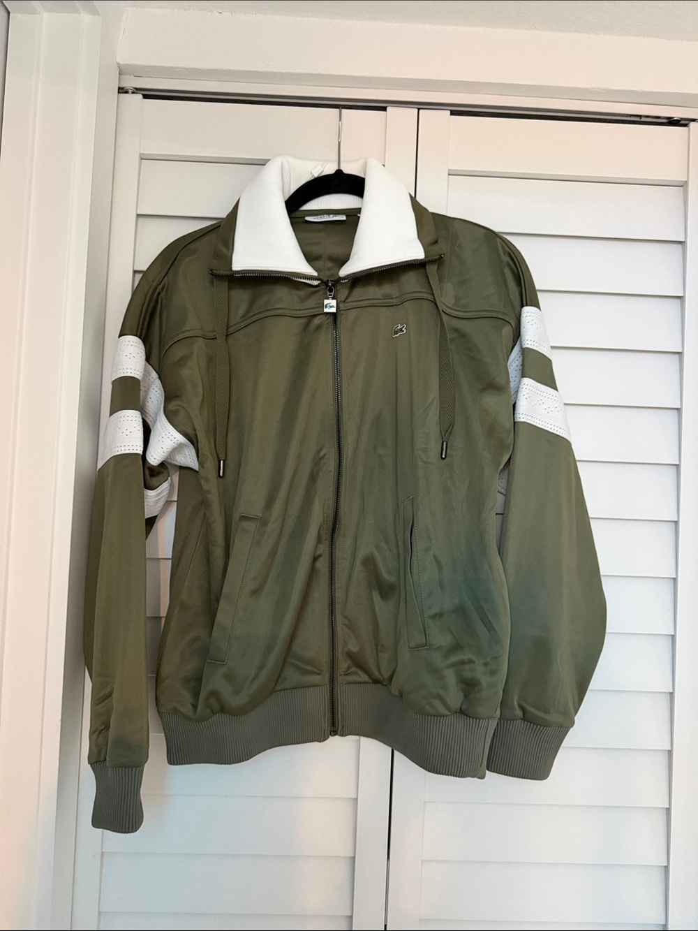 Lacoste Olive Green Bomber Jacket with White Collar and Sleeve Stripes
